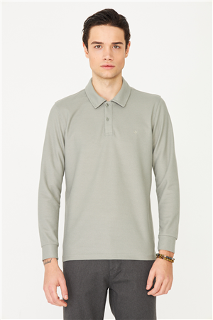 Açık Yeşil Mikro Dokulu Uzun Kollu Polo Yaka Üst