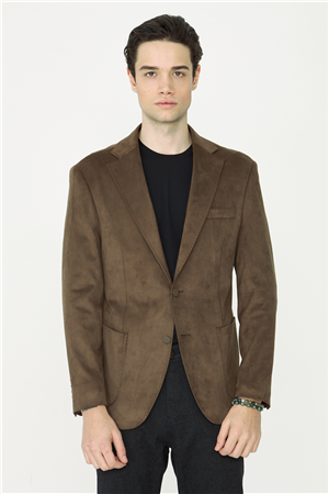 Camel Süet Görünümlü Slim Fit Blazer Ceket