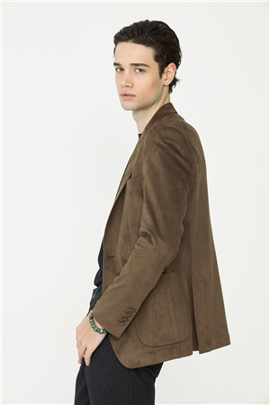 Camel Süet Görünümlü Slim Fit Blazer Ceket