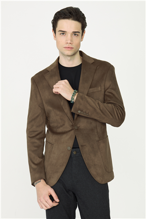 Camel Süet Görünümlü Slim Fit Blazer Ceket