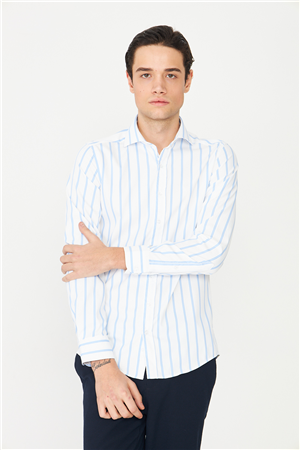 Mavi Çizgili Uzun Kollu Gömlek Slim Fit
