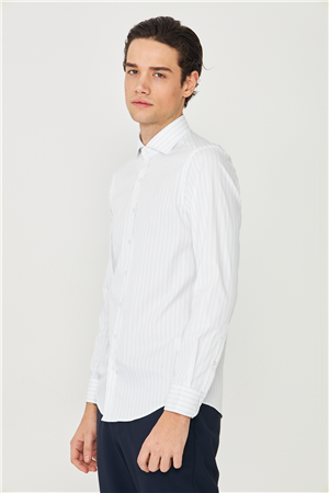 Mavi İnce Çizgili Uzun Kollu Gömlek Slim Fit