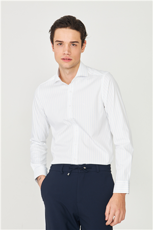 Mavi İnce Çizgili Uzun Kollu Gömlek Slim Fit
