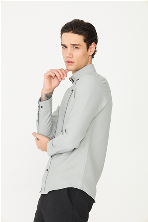 Gri Düğmeli Yaka Uzun Kollu Gömlek Slim Fit