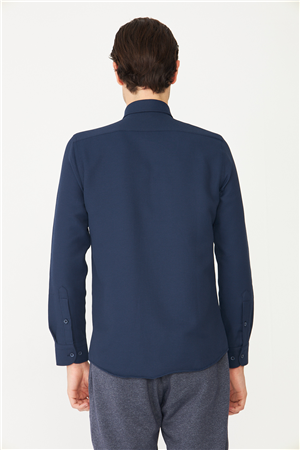 Lacivert Düğmeli Yaka Uzun Kollu Gömlek Slim Fit