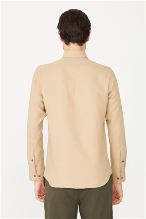 Krem Düğmeli Yaka Uzun Kollu Gömlek Slim Fit