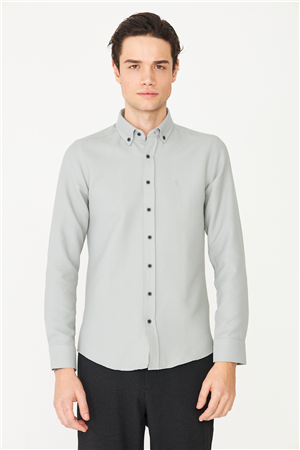 Gri Düğmeli Yaka Uzun Kollu Gömlek Slim Fit