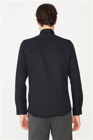 Siyah Düğmeli Yaka Uzun Kollu Gömlek Slim Fit