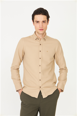 Krem Düğmeli Yaka Uzun Kollu Gömlek Slim Fit