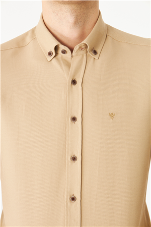 Krem Düğmeli Yaka Uzun Kollu Gömlek Slim Fit