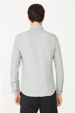 Gri Düğmeli Yaka Uzun Kollu Gömlek Slim Fit