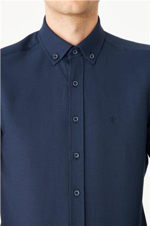 Lacivert Düğmeli Yaka Uzun Kollu Gömlek Slim Fit