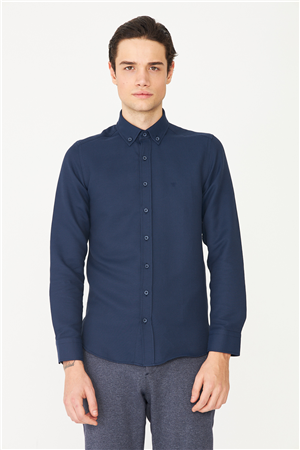 Lacivert Düğmeli Yaka Uzun Kollu Gömlek Slim Fit