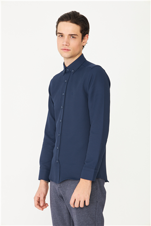 Lacivert Düğmeli Yaka Uzun Kollu Gömlek Slim Fit