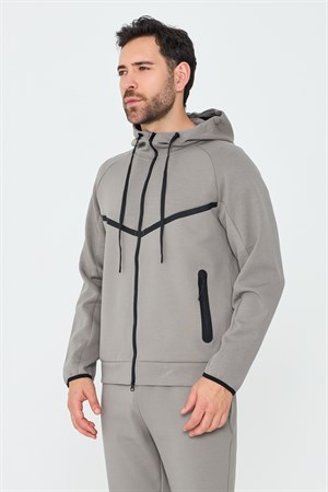 Gri Cepli Kapüşonlu Fermuarlı Erkek Sweatshirt