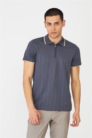 Gri Fermuarlı Polo Yaka Erkek T-Shirt