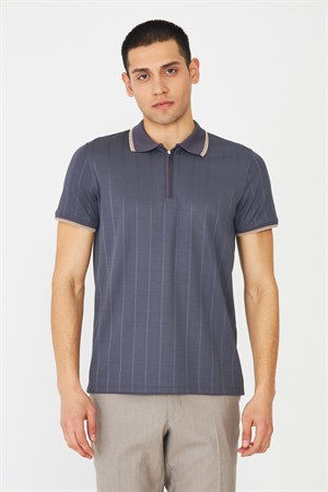 Gri Fermuarlı Polo Yaka Erkek T-Shirt