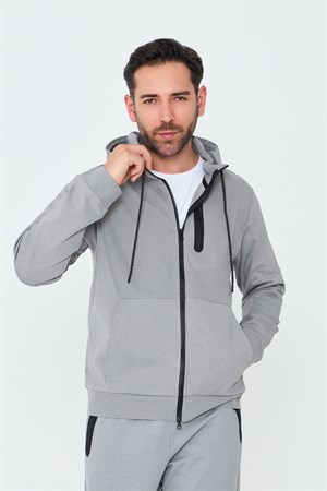 Gri Kapüşonlı Fermuarlı Erkek Sweatshirt