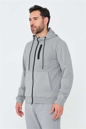 Gri Kapüşonlı Fermuarlı Erkek Sweatshirt