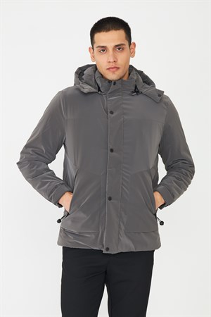 Gri Kapüşonlu Erkek Şişme Mont