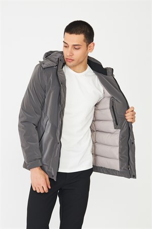 Gri Kapüşonlu Erkek Şişme Mont