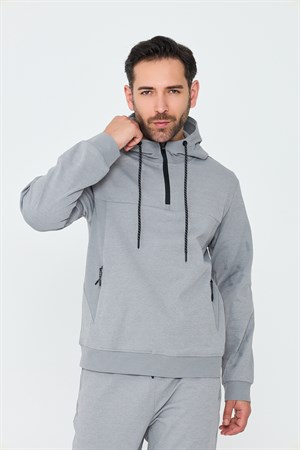 Gri Kapüşonlu Yarım Fermuarlı Yandan Cepli Erkek Sweatshirt