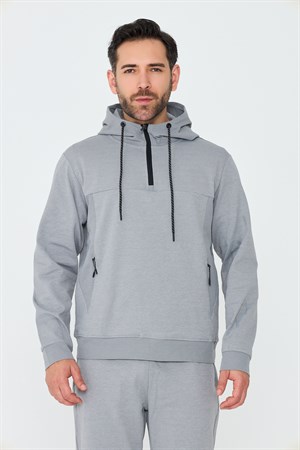 Gri Kapüşonlu Yarım Fermuarlı Yandan Cepli Erkek Sweatshirt