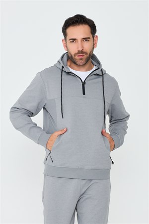 Gri Kapüşonlu Yarım Fermuarlı Yandan Cepli Erkek Sweatshirt