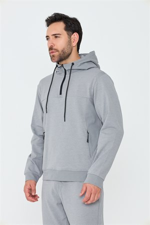 Gri Kapüşonlu Yarım Fermuarlı Yandan Cepli Erkek Sweatshirt
