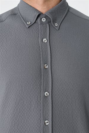 Gri Mikro Desenli Dynamic Fit Uzun Kollu Gömlek