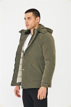 Haki Modern Kesim Kapüşonlu Haki Erkek Şişme Mont