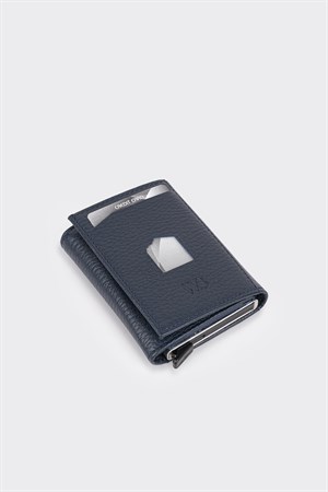 Hakiki Deri Lacivert Kart Mekanizmalı Premium Kartlık