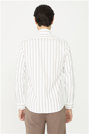 Bej Çizgili Uzun Kollu Gömlek Slim Fit