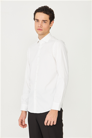 Bej İnce Çizgili Uzun Kollu Gömlek Slim Fit