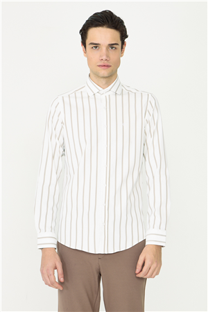 Bej Çizgili Uzun Kollu Gömlek Slim Fit
