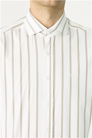 Bej Çizgili Uzun Kollu Gömlek Slim Fit