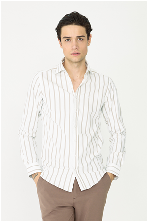 Bej Çizgili Uzun Kollu Gömlek Slim Fit