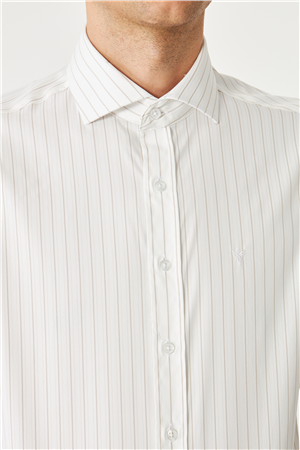 Bej İnce Çizgili Uzun Kollu Gömlek Slim Fit