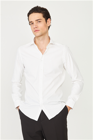 Bej İnce Çizgili Uzun Kollu Gömlek Slim Fit