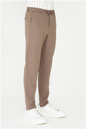 Kahverengi İnce Çizgili Dokulu Modern Kesim Bağcıklı Smart Casual Pantolon