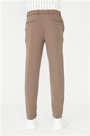 Kahverengi İnce Çizgili Dokulu Modern Kesim Bağcıklı Smart Casual Pantolon
