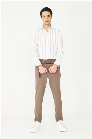 Kahverengi İnce Çizgili Dokulu Modern Kesim Bağcıklı Smart Casual Pantolon
