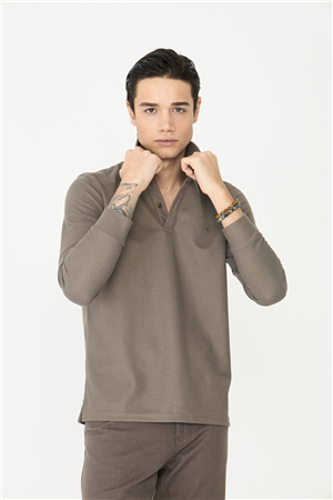 Kahverengi Mikro Dokulu Uzun Kollu Polo Yaka Üst