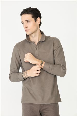 Kahverengi Mikro Dokulu Uzun Kollu Polo Yaka Üst