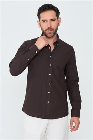 Kahverengi %100 Pamuk Dynamic Fit Uzun Kollu Gömlek