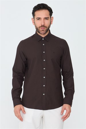 Kahverengi %100 Pamuk Dynamic Fit Uzun Kollu Gömlek