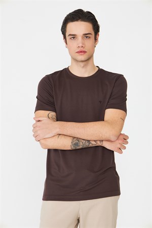 Kahverengi Bisiklet Yaka Basic Erkek T-Shirt