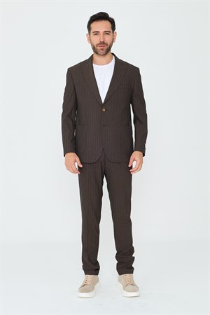 Kahverengi Çizgili 6 Drop Erkek Slim Fit Takım Elbise