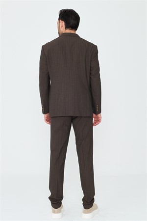 Kahverengi Çizgili 6 Drop Erkek Slim Fit Takım Elbise