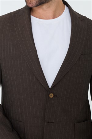 Kahverengi Çizgili 6 Drop Erkek Slim Fit Takım Elbise